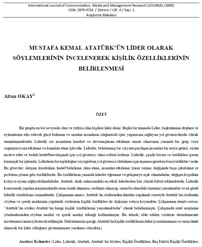 MUSTAFA KEMAL ATATÜRK’ÜN LİDER OLARAK SÖYLEMLERİNİN İNCELENEREK KİŞİLİK ÖZELLİKLERİNİN BELİRLENMESİ