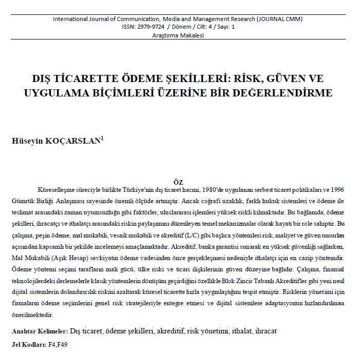 DIŞ TİCARETTE ÖDEME ŞEKİLLERİ: RİSK, GÜVEN VE UYGULAMA BİÇİMLERİ ÜZERİNE BİR DEĞERLENDİRME